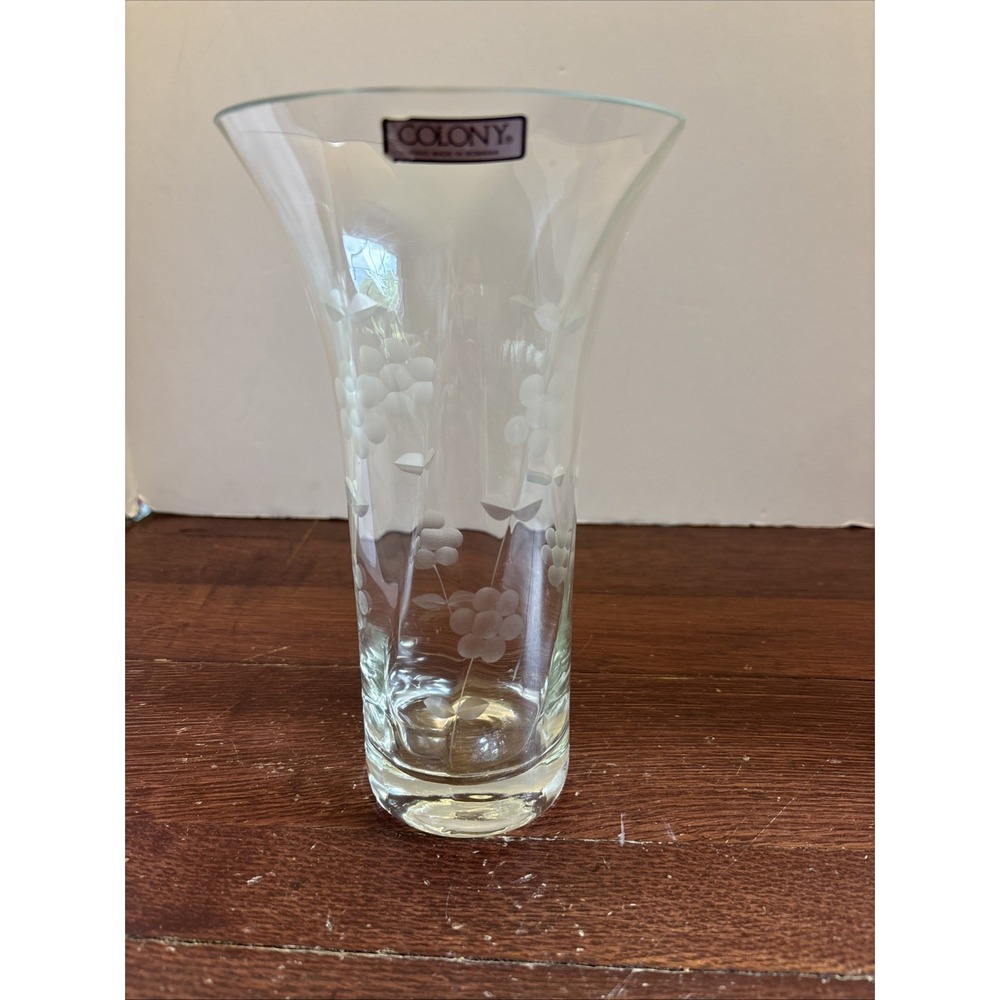 Colony  Sandra 8.75" Flower Vase  Etched Cut Flower - Colony Sticker-Vintage NEW